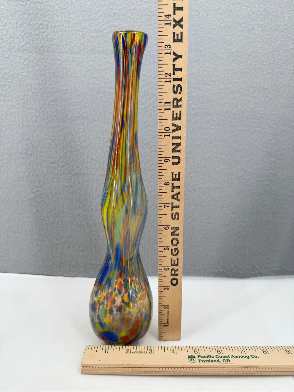 Pier 1 MultiColored Rainbow Confetti Stretch Art Glass Vase Handblown Unique 14